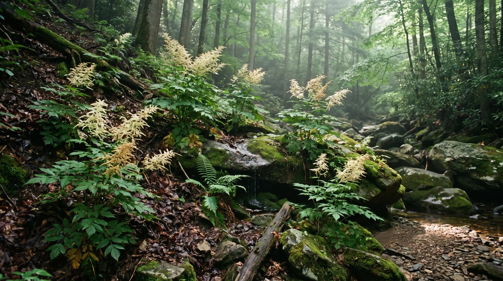 Tall native Appalachian false goat's beard flowering on a steep humid ravine slope under closed forest canopy