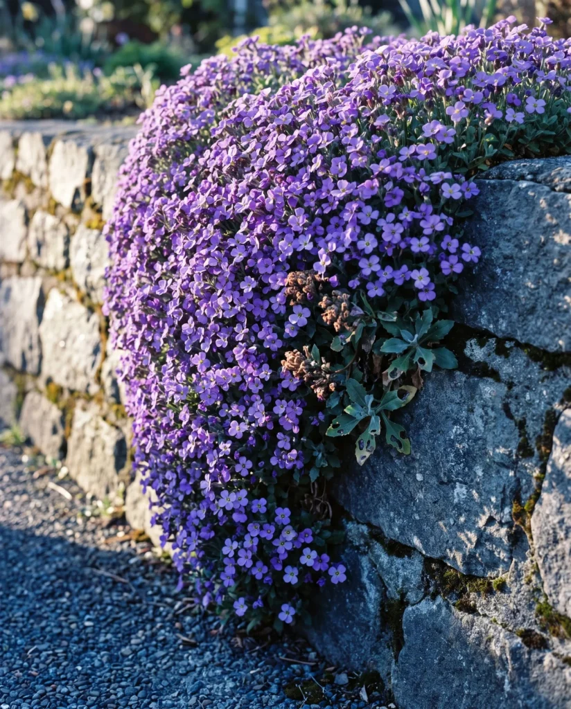 A violet aubrieta cushion pouring eighteen inches down the face of a mortared fieldstone retaining wall in low April morning light