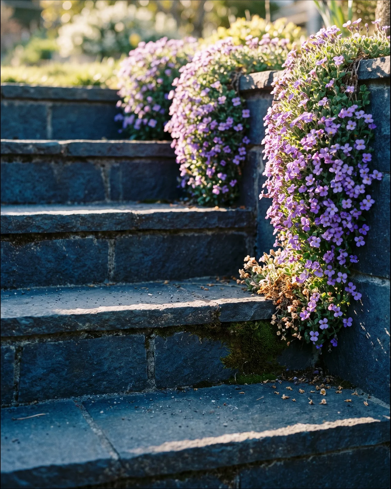 Aubrieta rooted in the joints of old basalt garden steps, spilling down two treads at golden hour