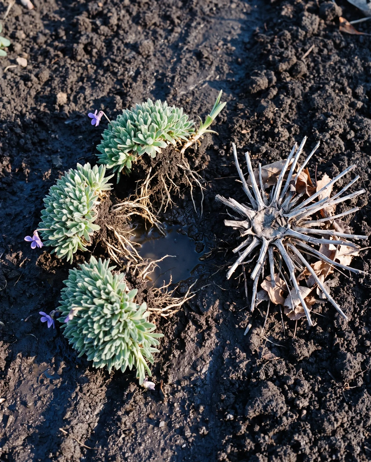 Three rooted pieces of an aubrieta clump lying on dark turned soil beside the grey woody dead centre piece set aside