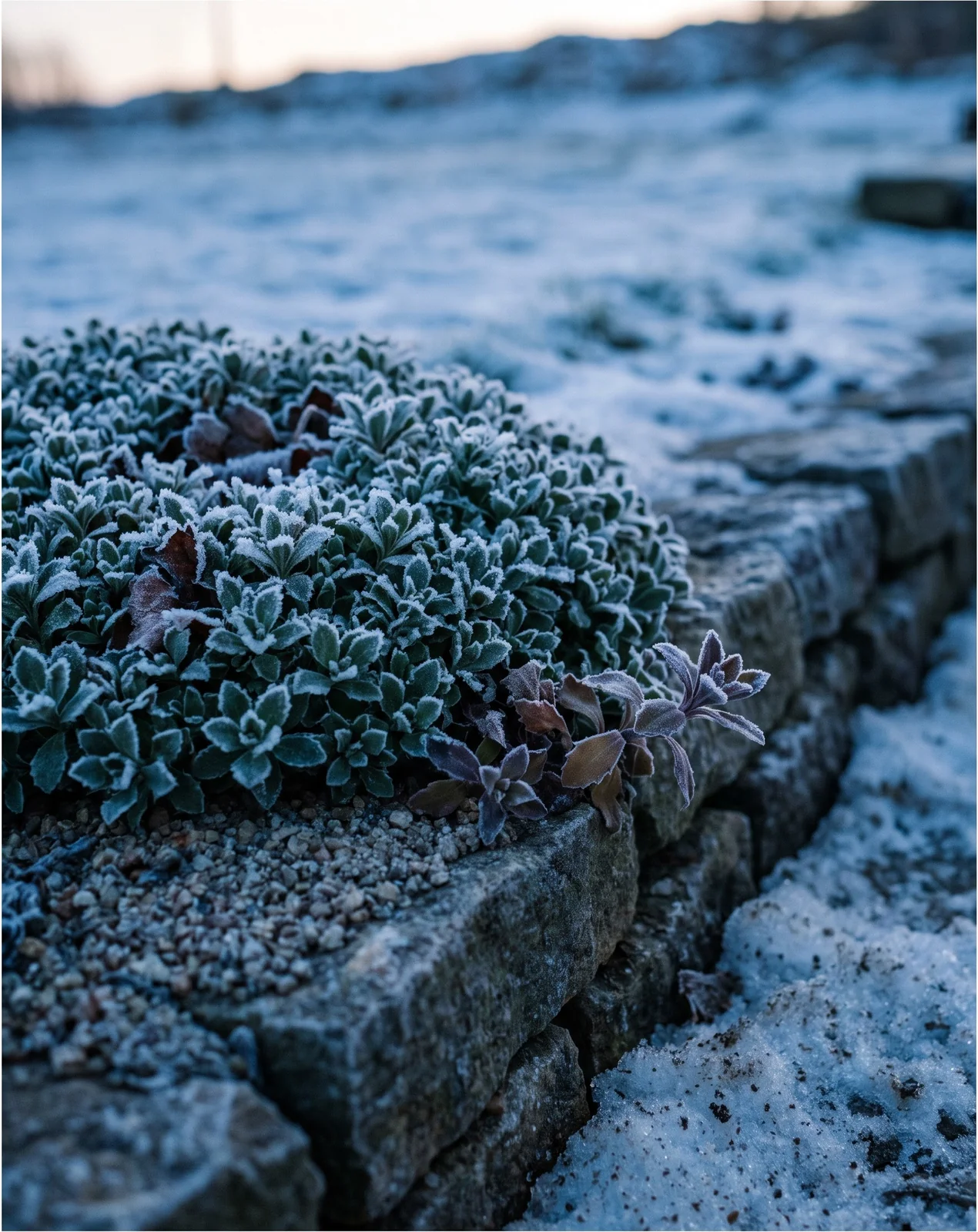 An aubrieta mat still green and sound under hard hoar frost at first light, with granular old snow in the stone joints around it