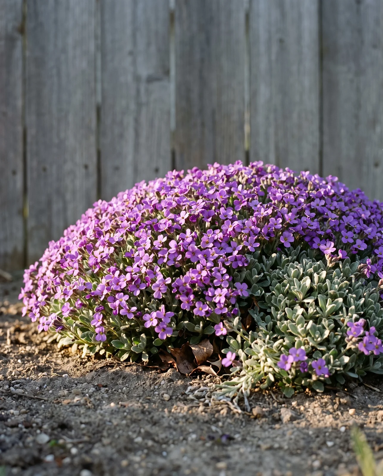 A whole aubrieta mat seen side on at ground level against a weathered board, three inches tall and buried under flower