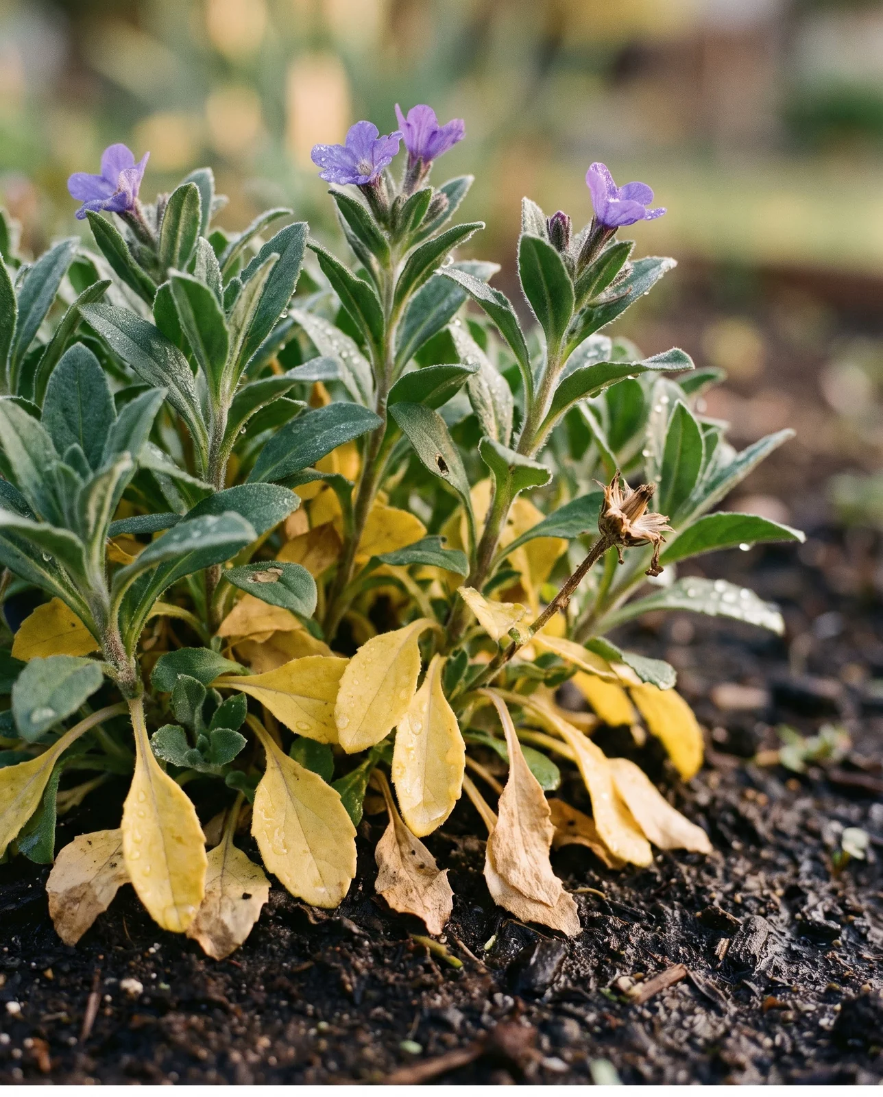The base of an aubrieta mat evenly butter-yellow and limp just after flowering while the top stays green and sound