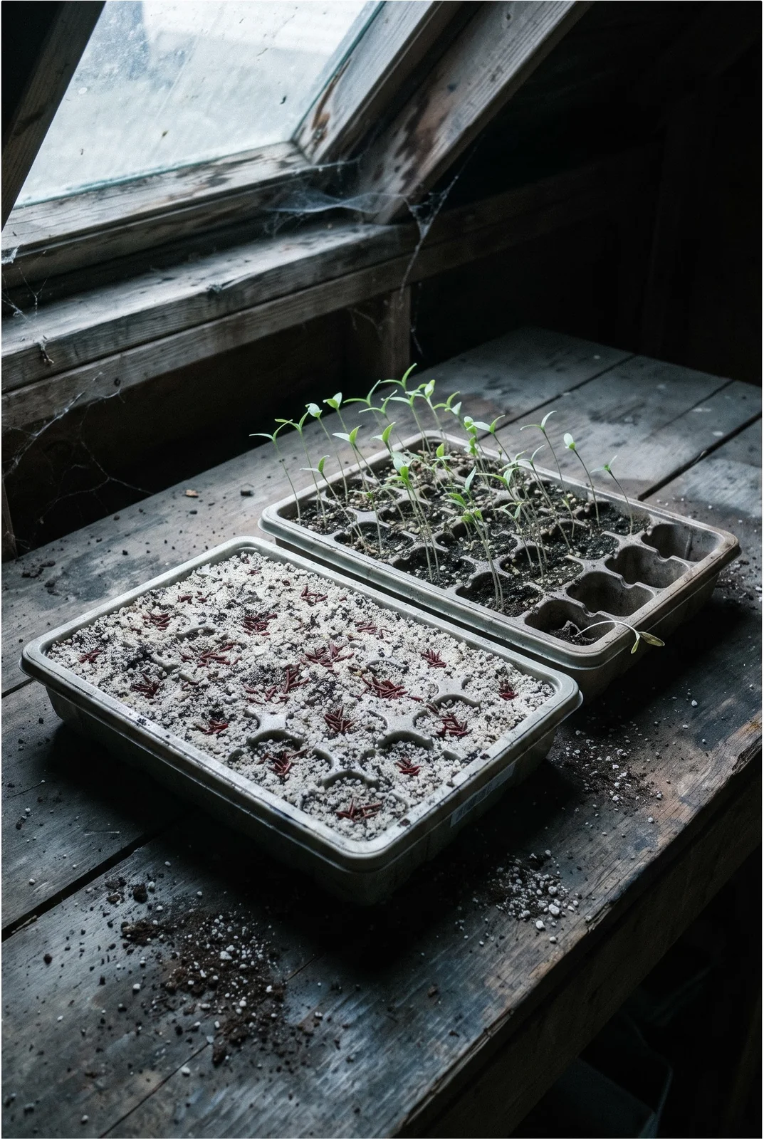 Fine dark aubrieta seed lying uncovered on the surface of a gritty seed tray beside an older tray of thread-fine seedlings