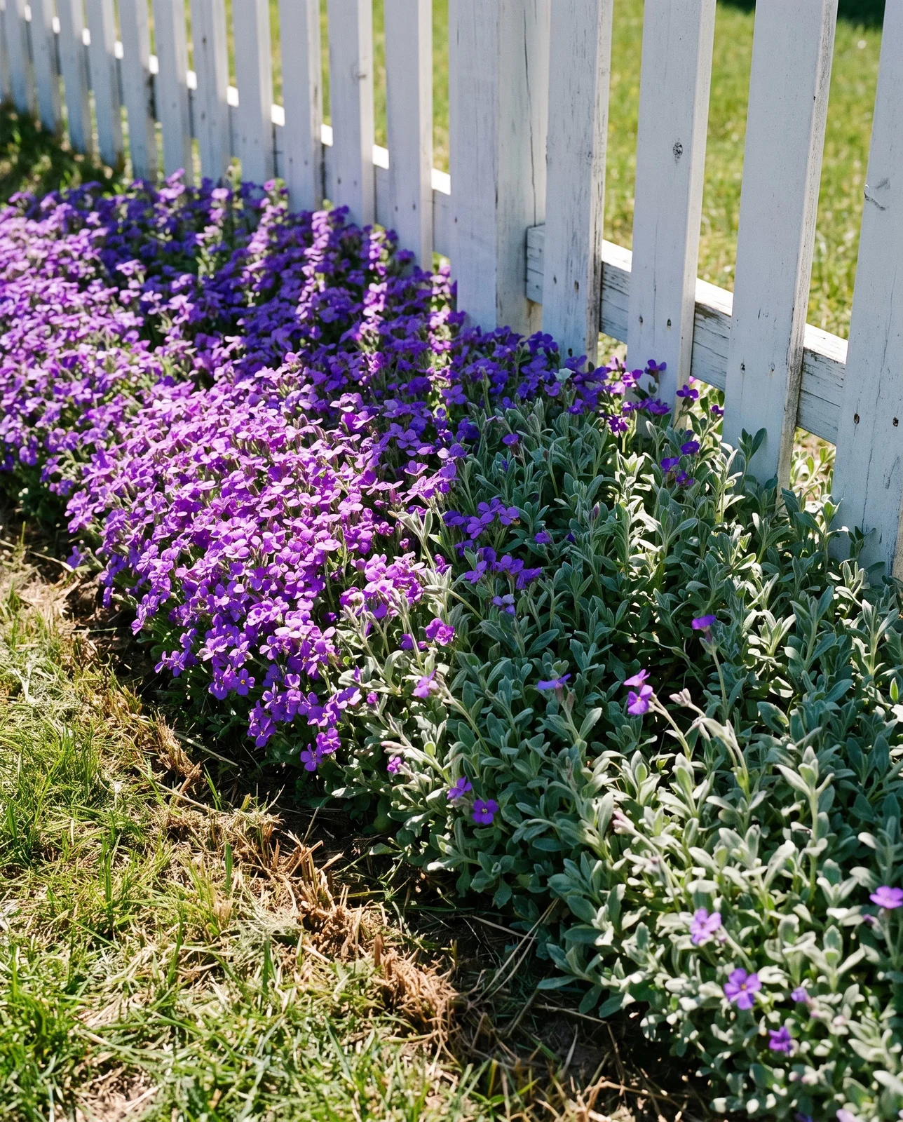One aubrieta planting cut by a fence shadow, a solid sheet of flower in the sun half and thin leafy growth in the shade half