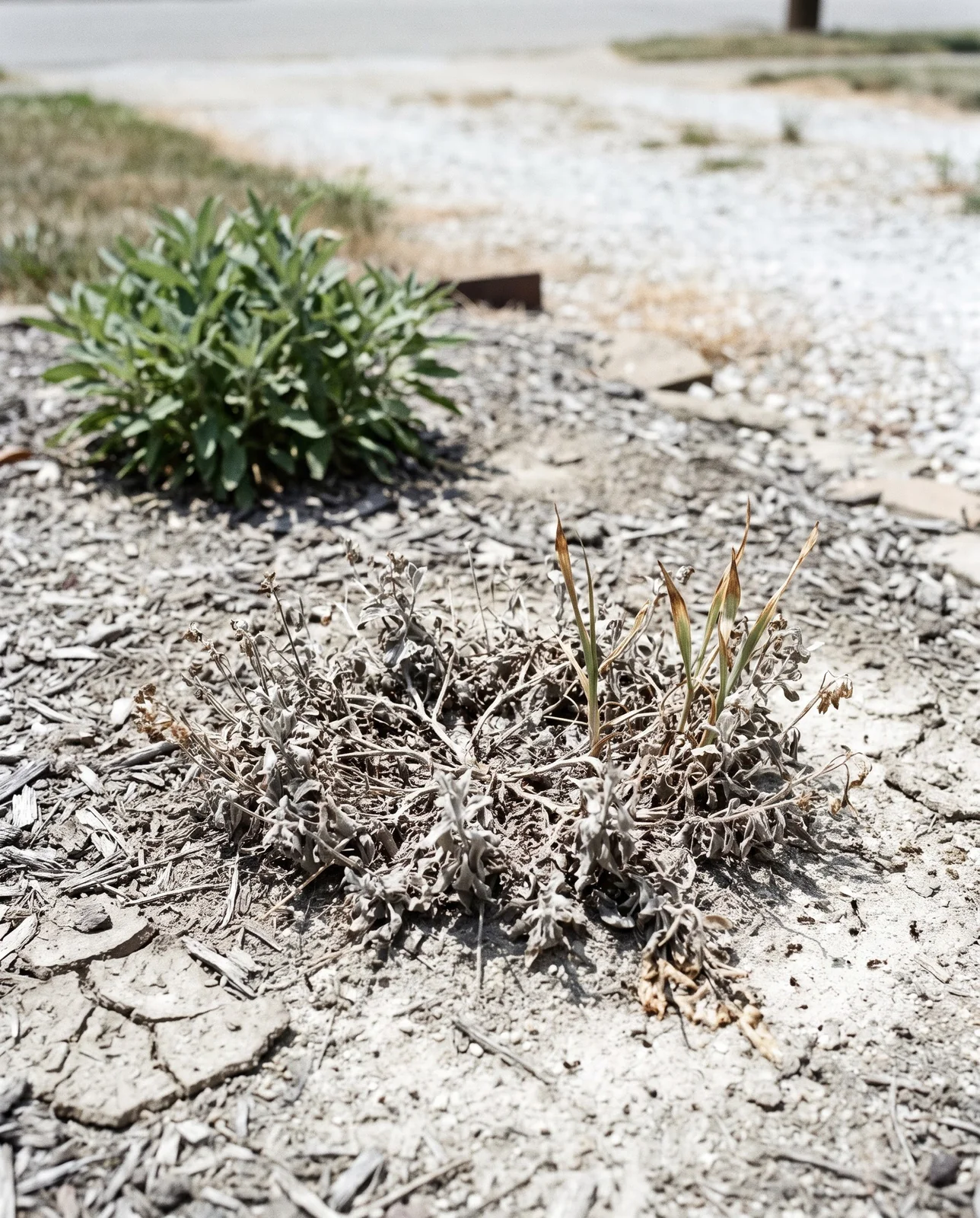 An aubrieta mat reduced to a thin grey-brown ring of dry foliage over pale gravel in a hot humid Southern July