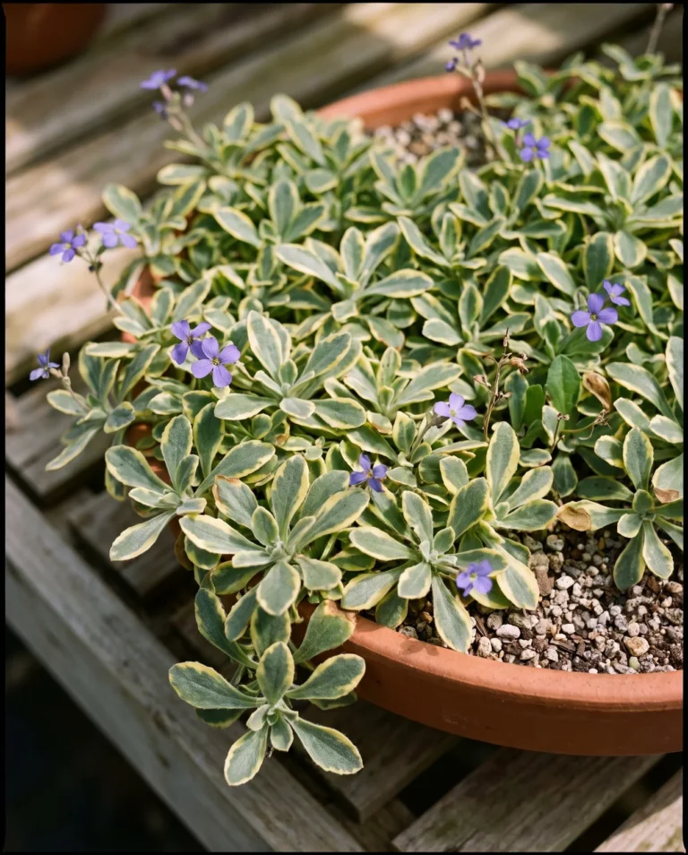 Aurea Variegata with gold and green variegated leaves under blue-violet flowers, in a terracotta trough in moving dapple
