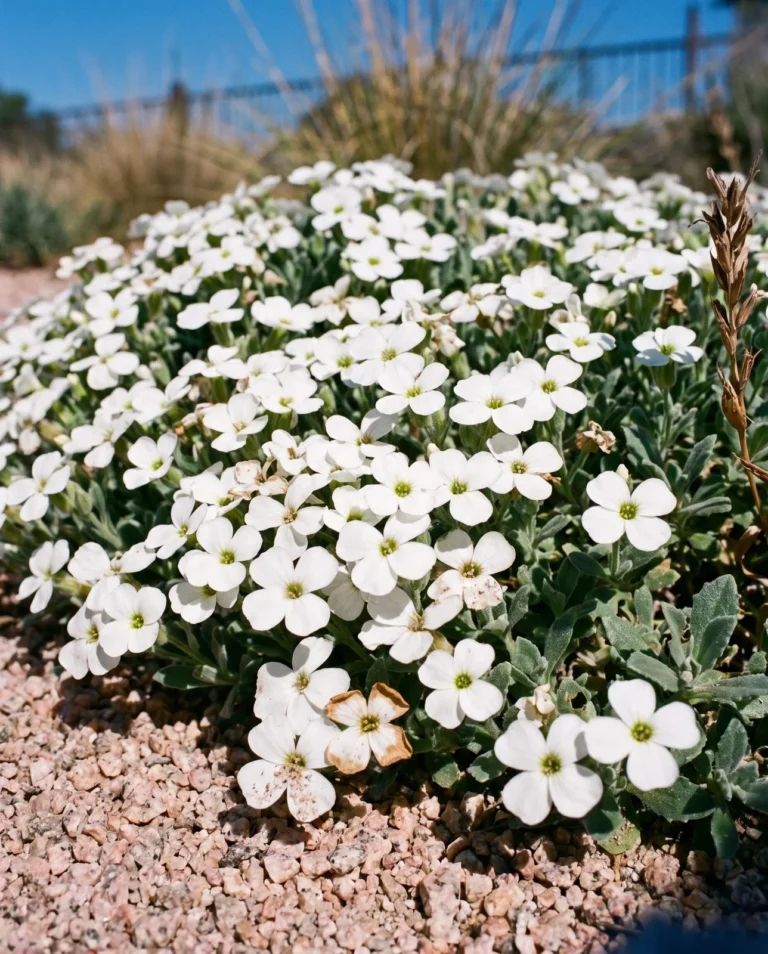 Axcent White in snow-white flower spreading over a decomposed granite bed under hard clear morning light