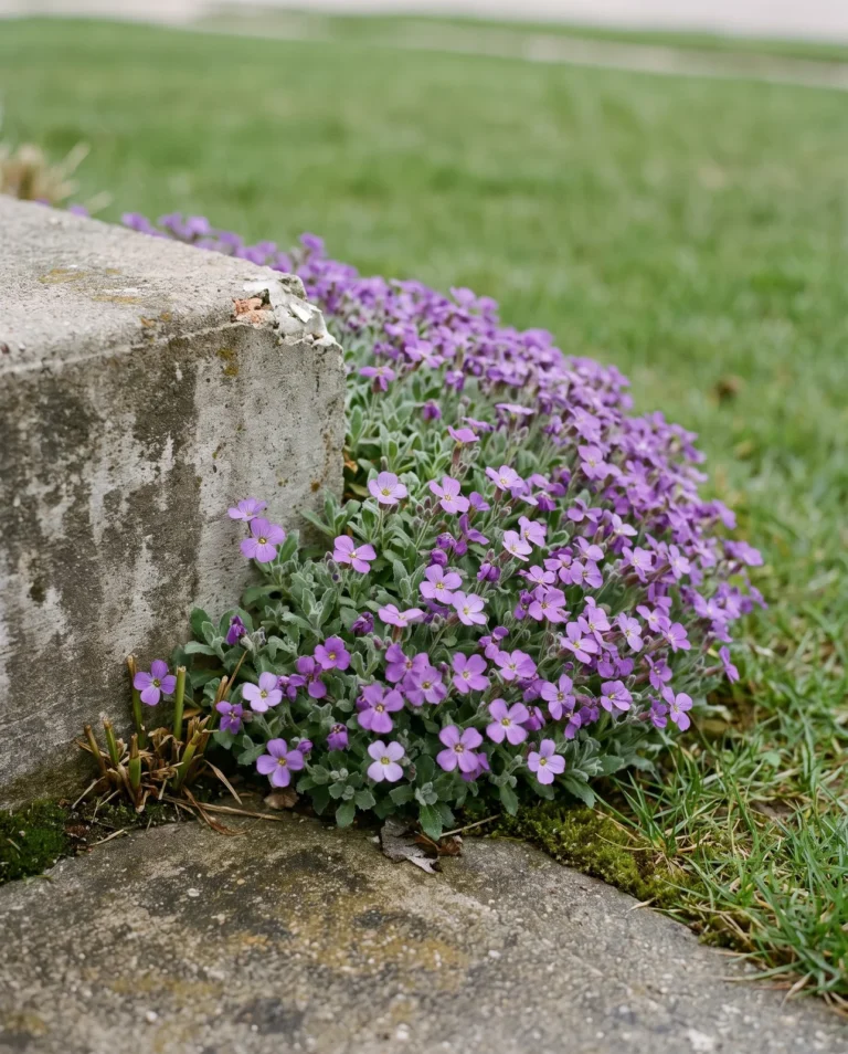 Cascade Purple shown for scale, a compact mat only a few inches deep measured against a plain concrete step riser