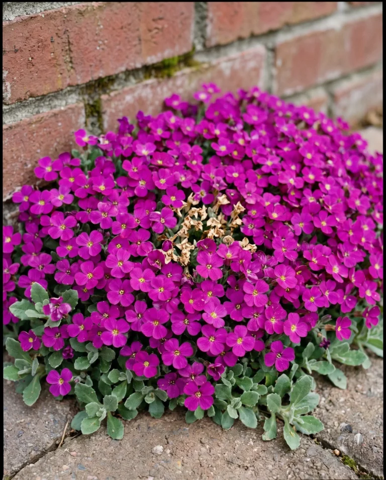 The species Aubrieta deltoidea in vivid purple-red flower, the blossoms almost completely hiding the grey-green foliage below
