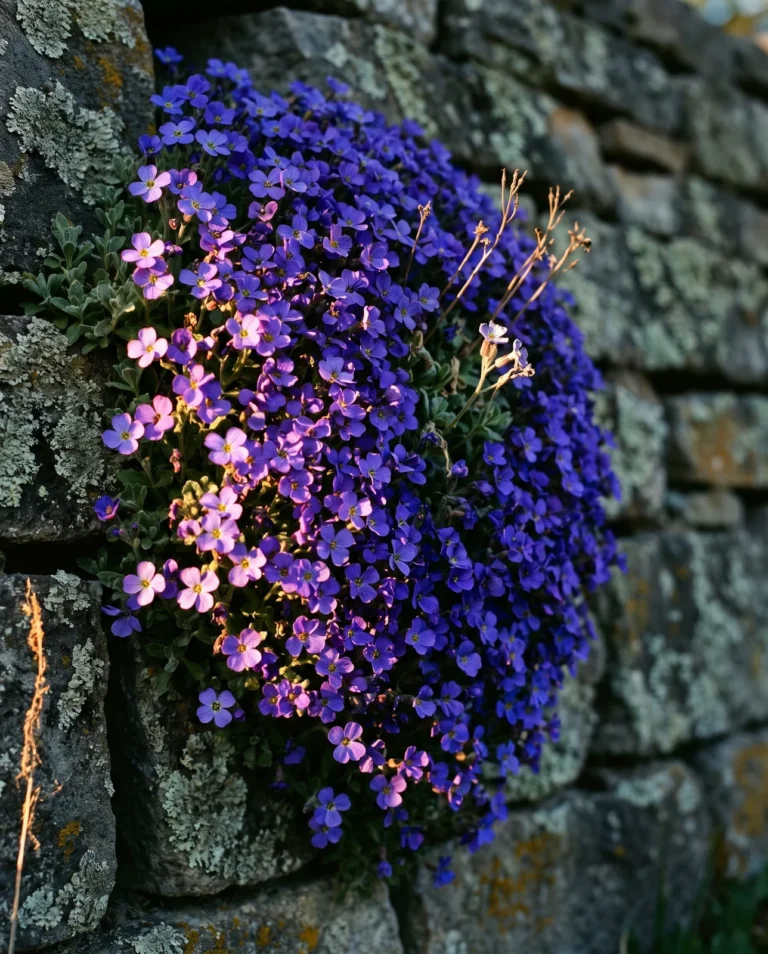 Doctor Mules in rich violet-blue flower on a dry-stone wall in warm low side light