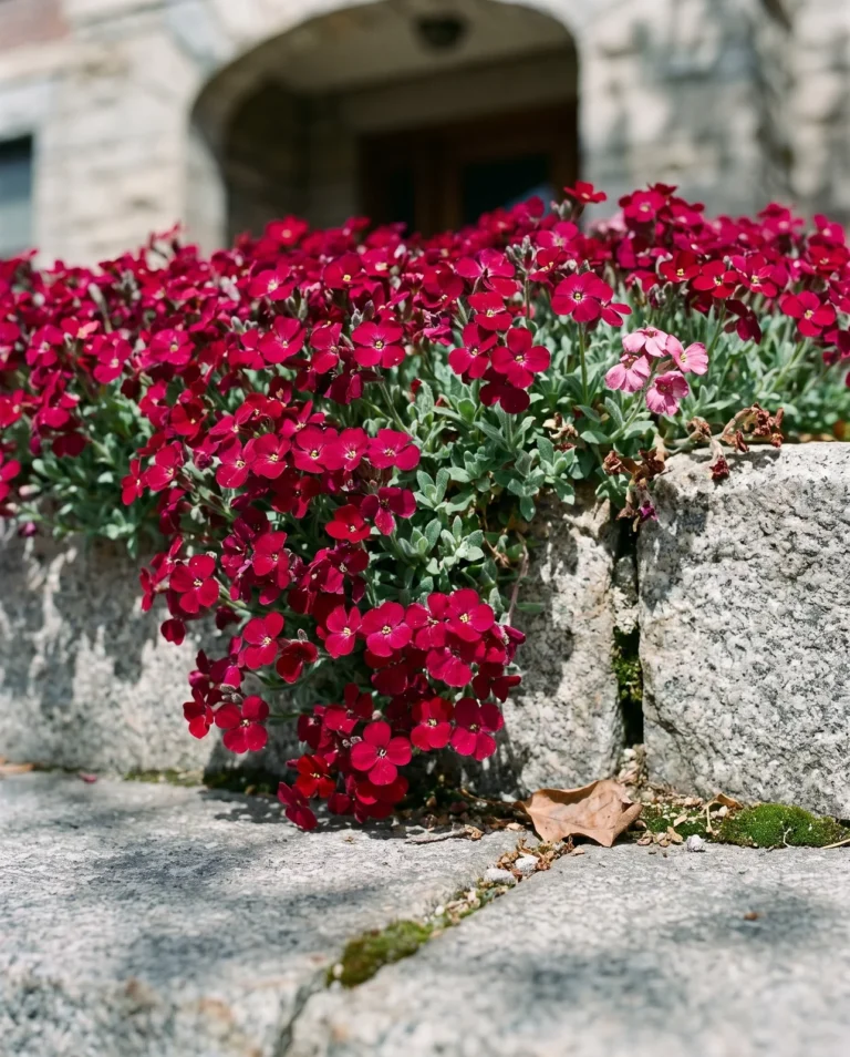 Red Cascade in deep magenta-red flower spilling off a granite doorstep under bright scattered cloud
