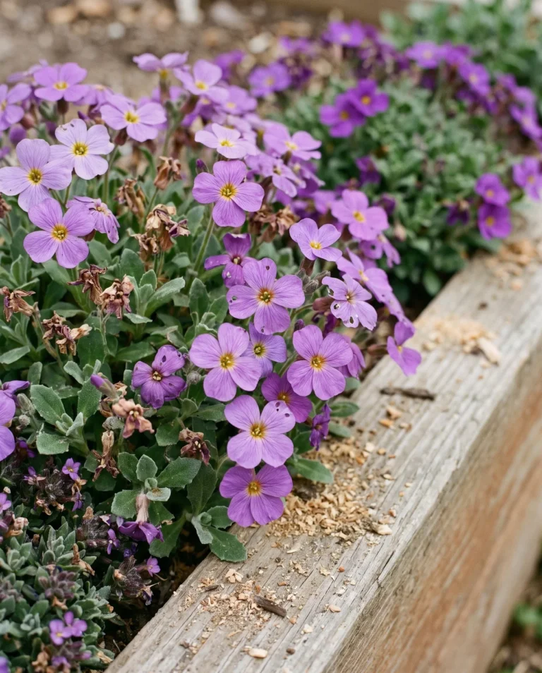 The Whitewell Gem seed strain in purple flower with distinct yellow centres, grown along a cedar raised bed edge