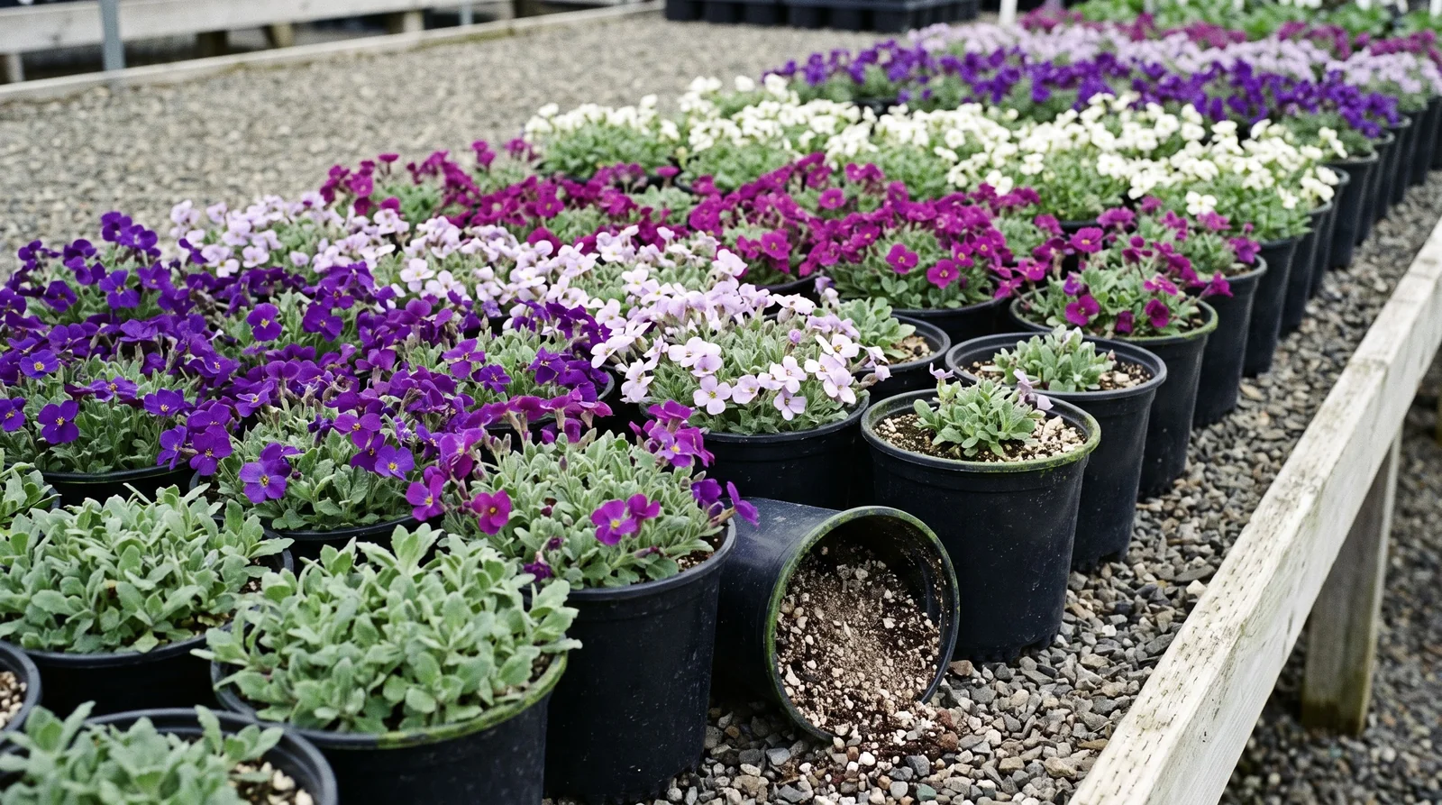 Sixty unmarked nursery pots of aubrieta in violet, lilac, magenta-purple and white ranked on a gravel bench under flat overcast
