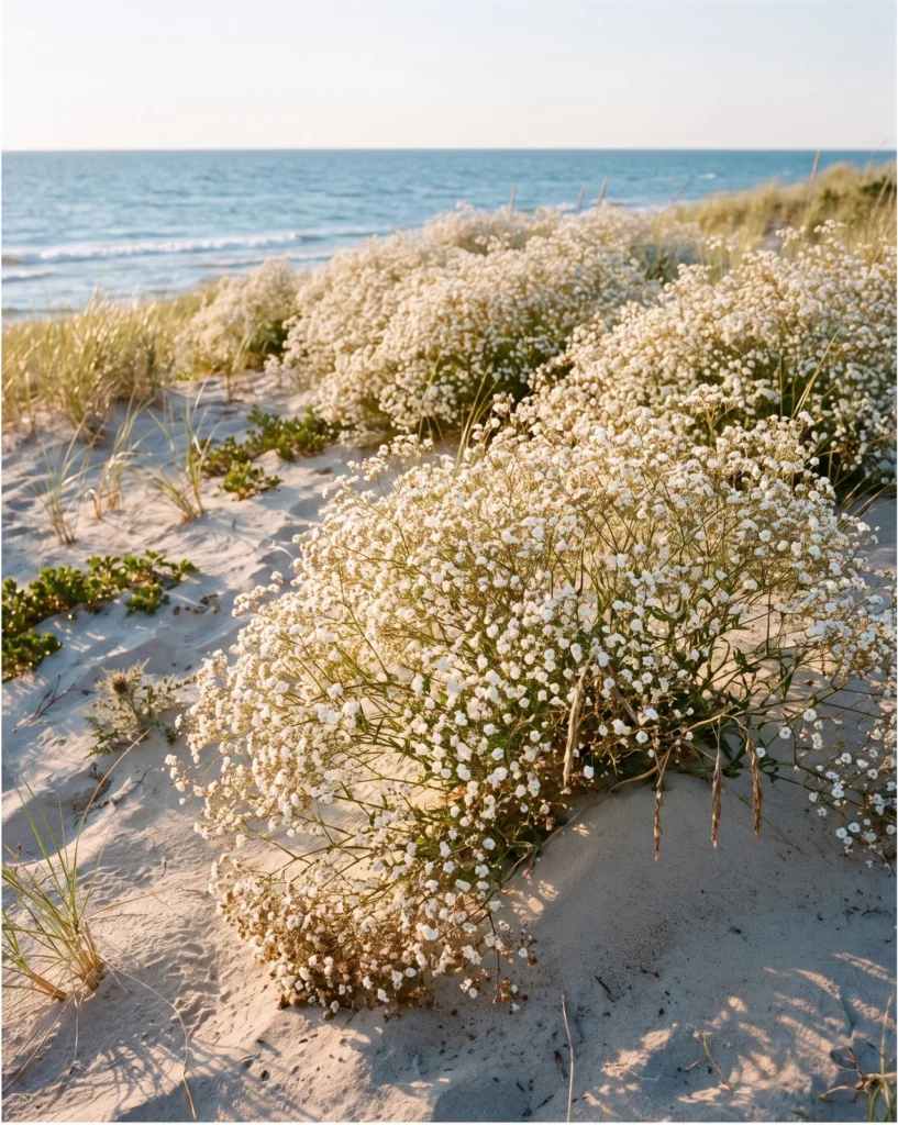 A dense stand of baby's breath flowering on a Lake Michigan sand dune above the water in late July evening light