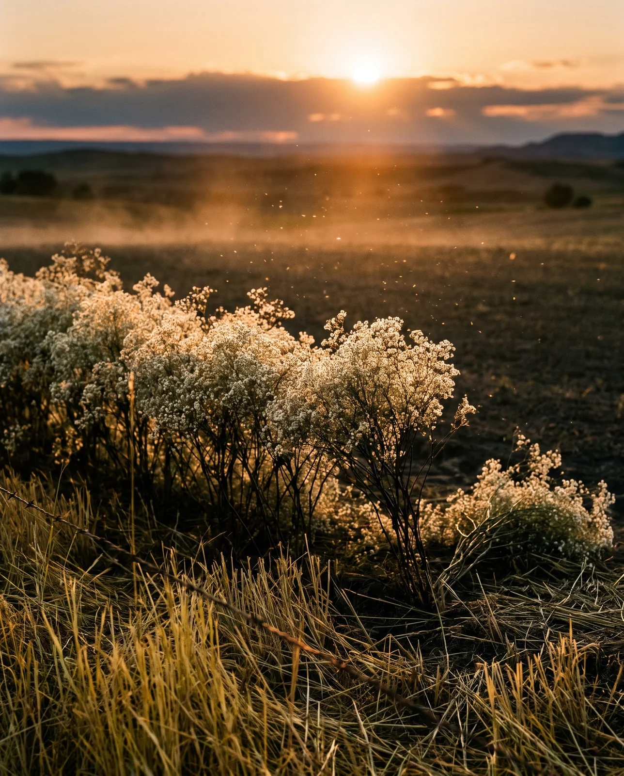 Baby's breath at the edge of a cut hay field shot into the setting sun, the flower clouds glowing white-gold above black stems