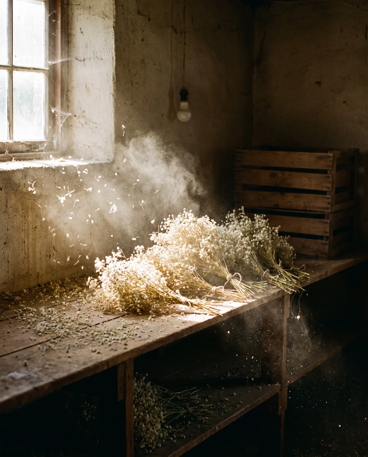A heap of brittle dried baby's breath bunches on a workshop bench with fine white dust hanging thick in a shaft of sunlight