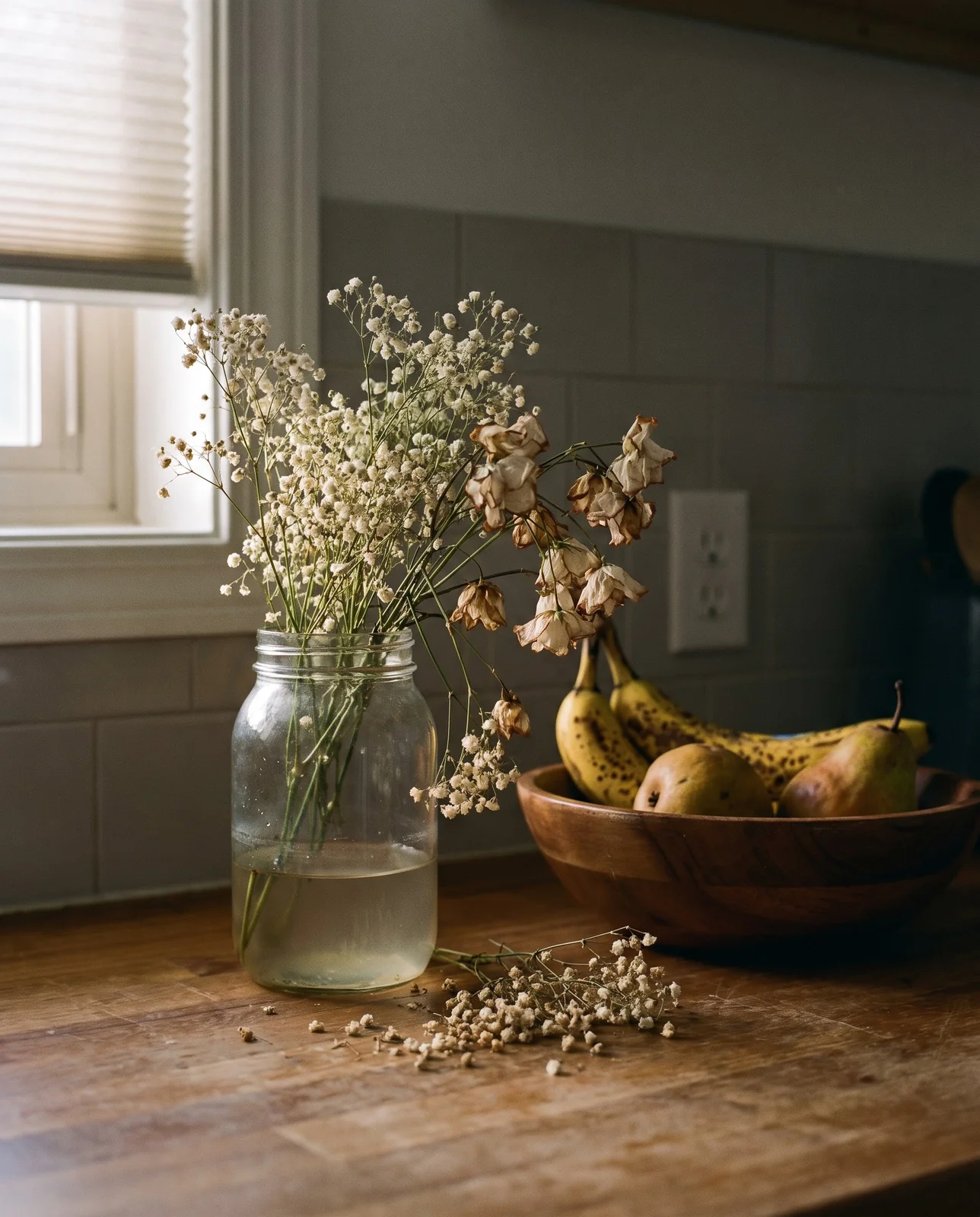 A jar of baby's breath collapsed and browning on a kitchen counter next to a bowl of over-ripe bananas and pears