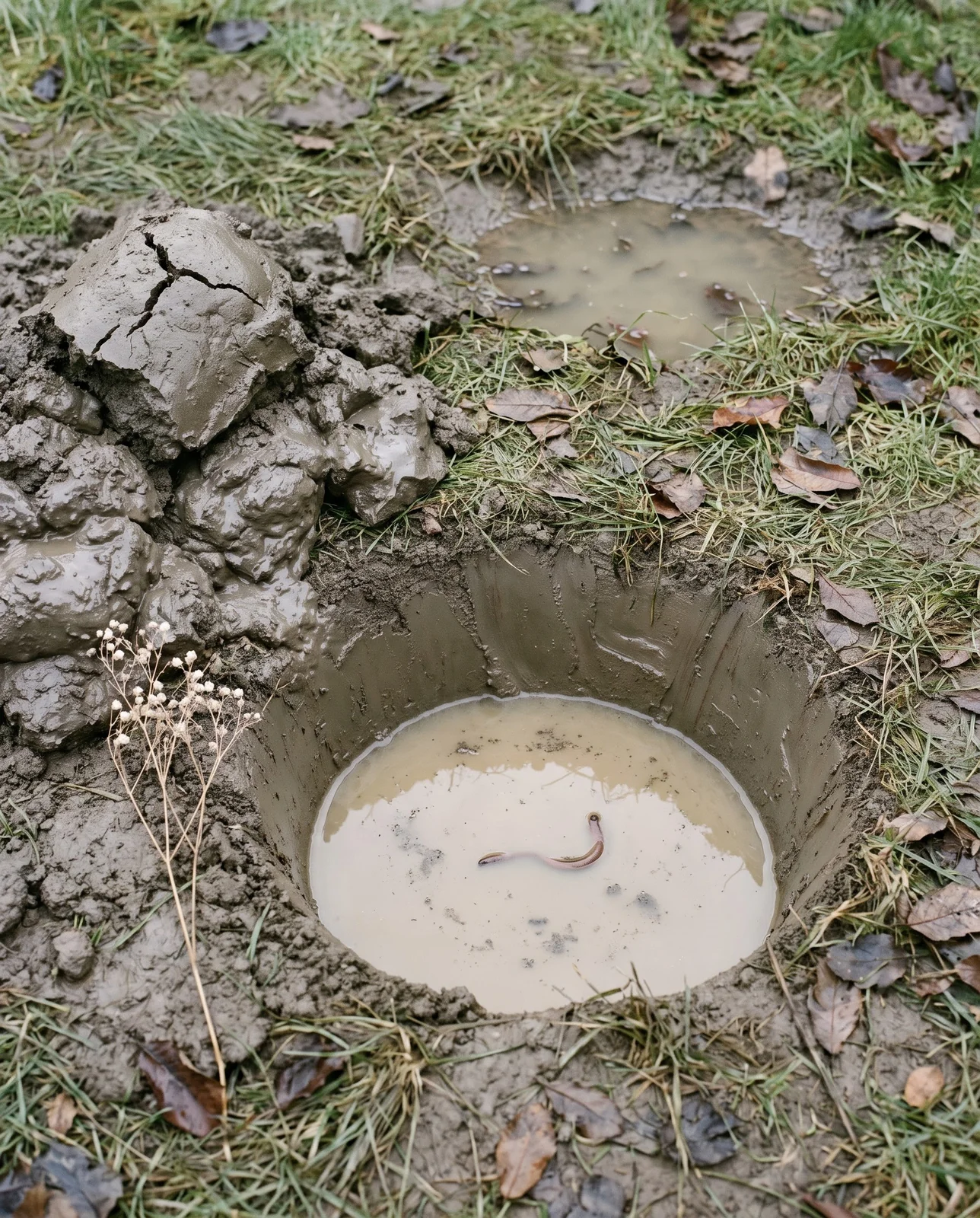 A planting hole cut into heavy grey clay holding four inches of standing water two days after rain