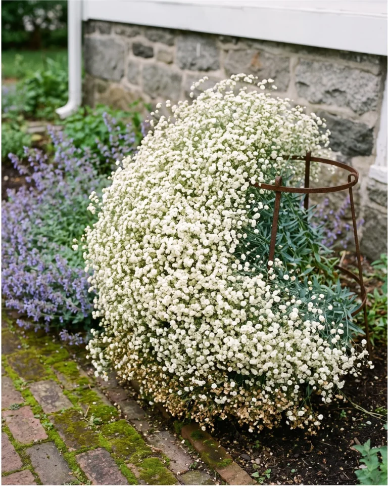 The classic double white cultivar Bristol Fairy as a dense creamy mound beside a mossy brick path under thin overcast