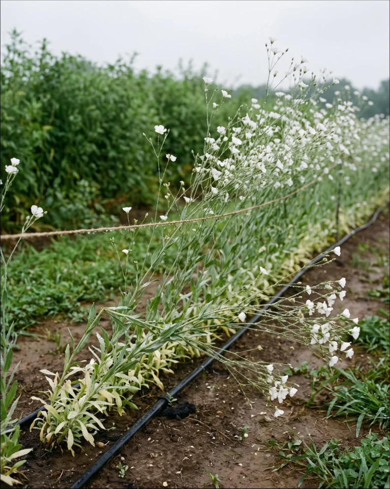 Covent Garden leaning and kinked over a single line of support twine in a humid Virginia field row after rain