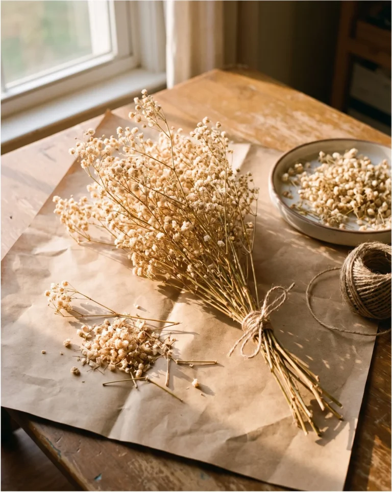 A brittle cream-coloured dried bunch of baby's breath bound with jute twine lying on creased kraft paper