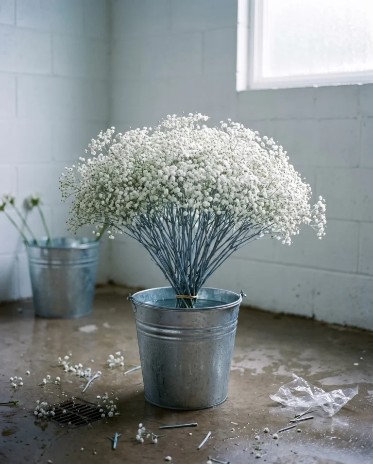 A fresh bunch of cut baby's breath opened out in a galvanised bucket of water in a cold flower-farm cool room