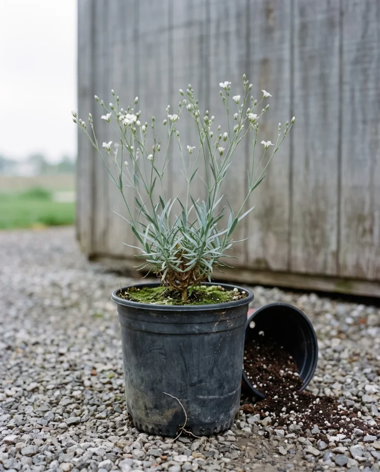 A young live baby's breath plant in a plain black one-gallon nursery pot on wet gravel, barely starting to flower