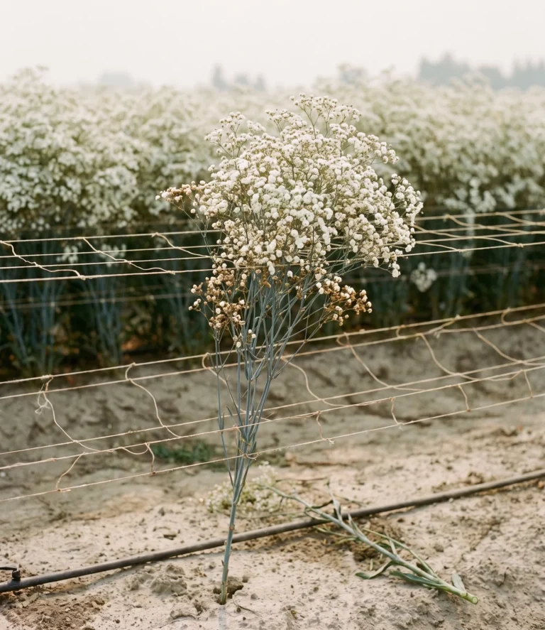 Million Star with tiny flowers set thickly along every side branch, one stem sharp against a solid white field block
