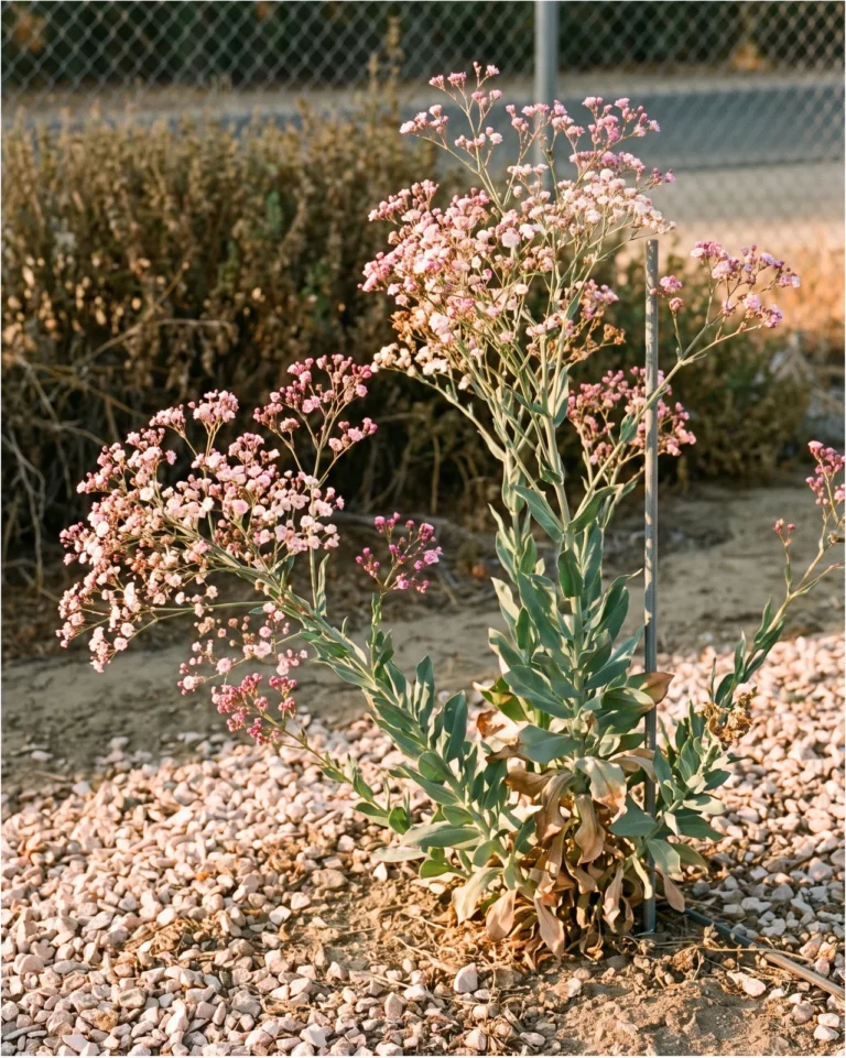 Manchurian baby's breath with pale pink sprays on tall coarse stems still flowering in September in a dry California bed