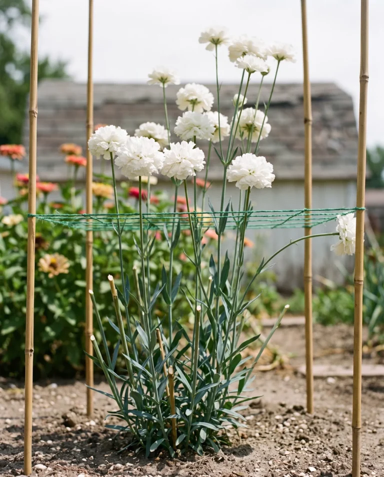 Perfekta with unusually large double white flowers on long straight cutting stems held up by a twine grid in a hot cutting bed