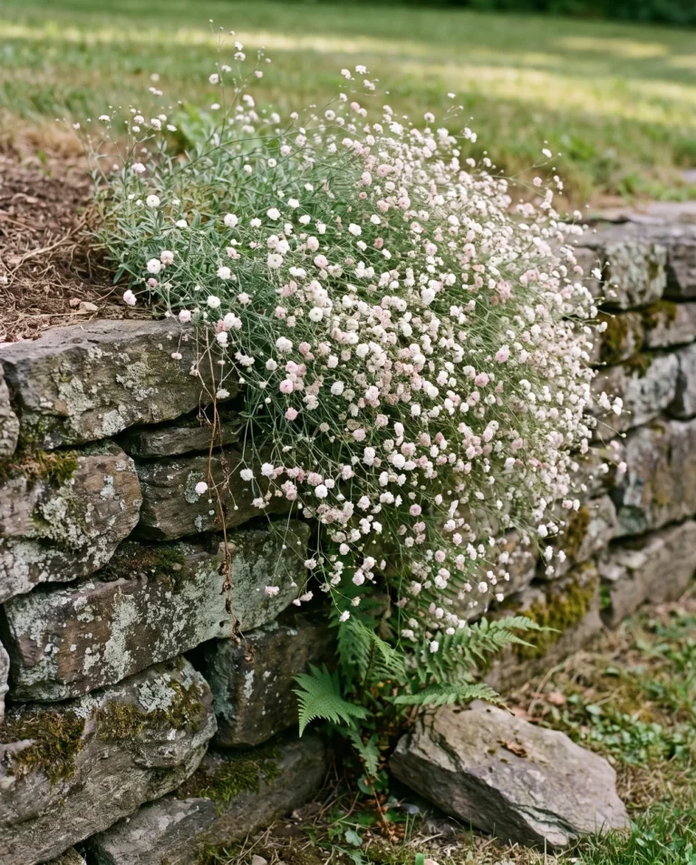 The creeping cultivar Rosenschleier hanging as a veil of white and pale rose flowers over a lichened dry stone wall