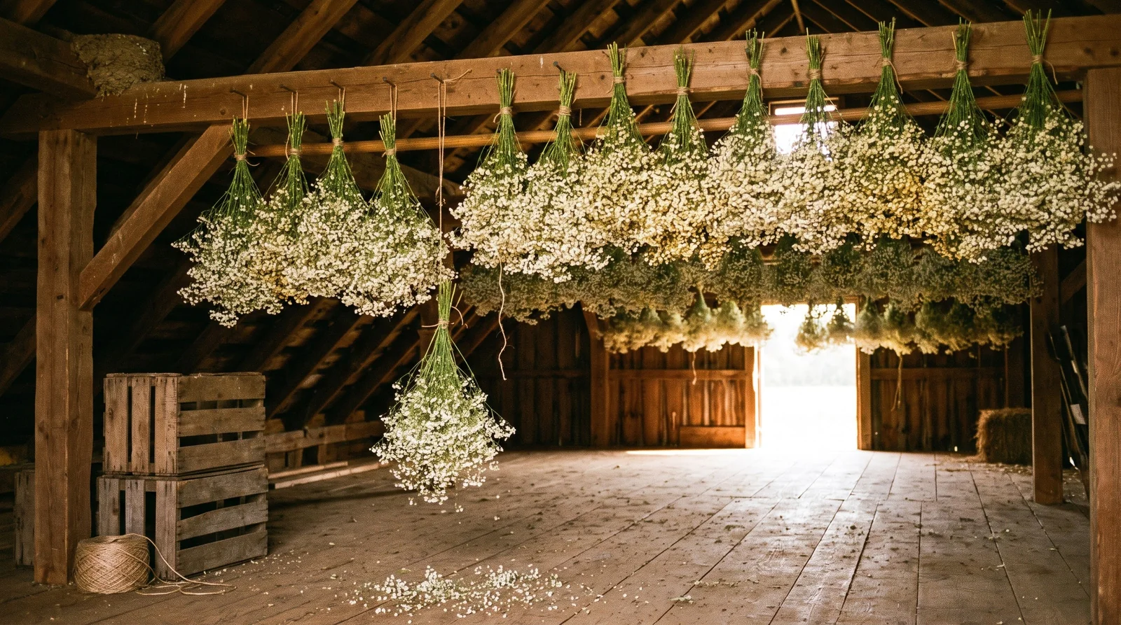 Dozens of baby's breath bunches hanging upside down to dry from rails and beams in a dim barn loft