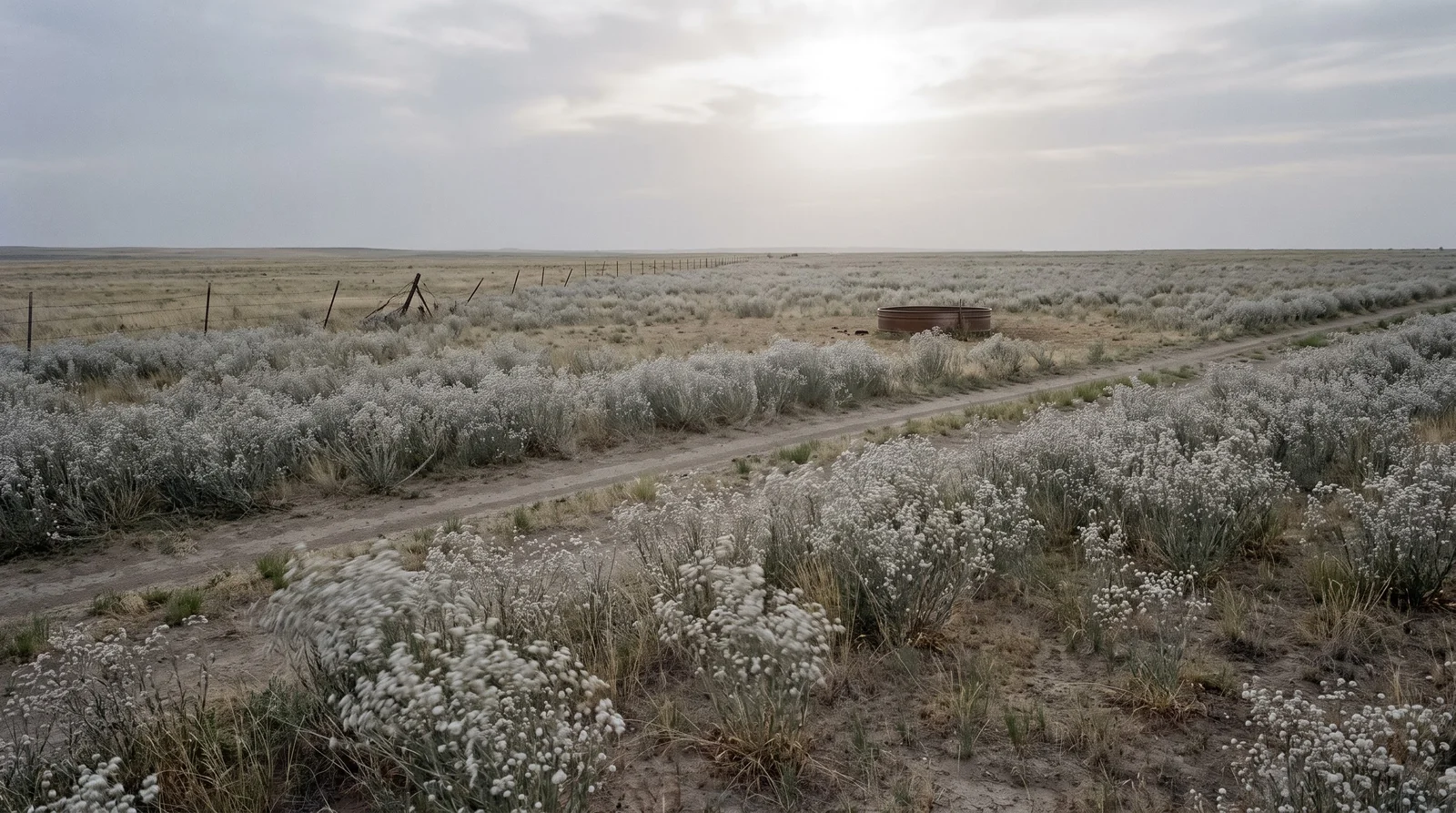 Thousands of white baby's breath plants standing across dry overgrazed rangeland in eastern Washington at midday