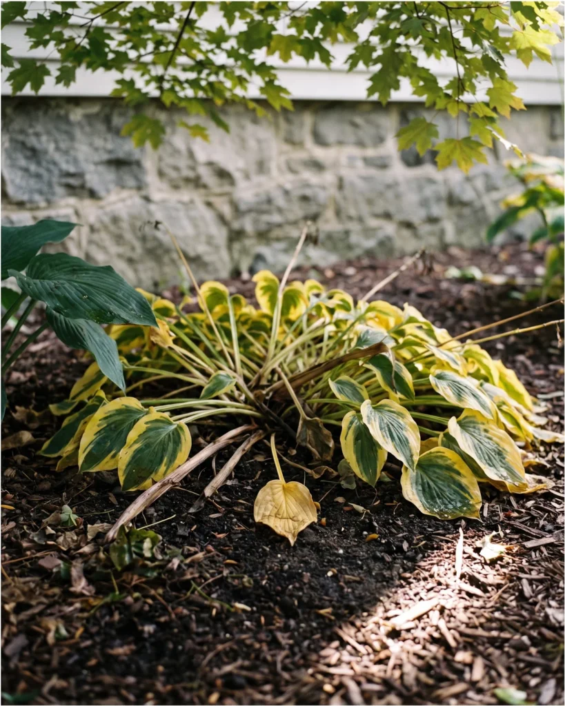 A bleeding heart clump collapsed into yellowed, half-vanished foliage in a shaded July bed on the north side of a Pennsylvania farmhouse