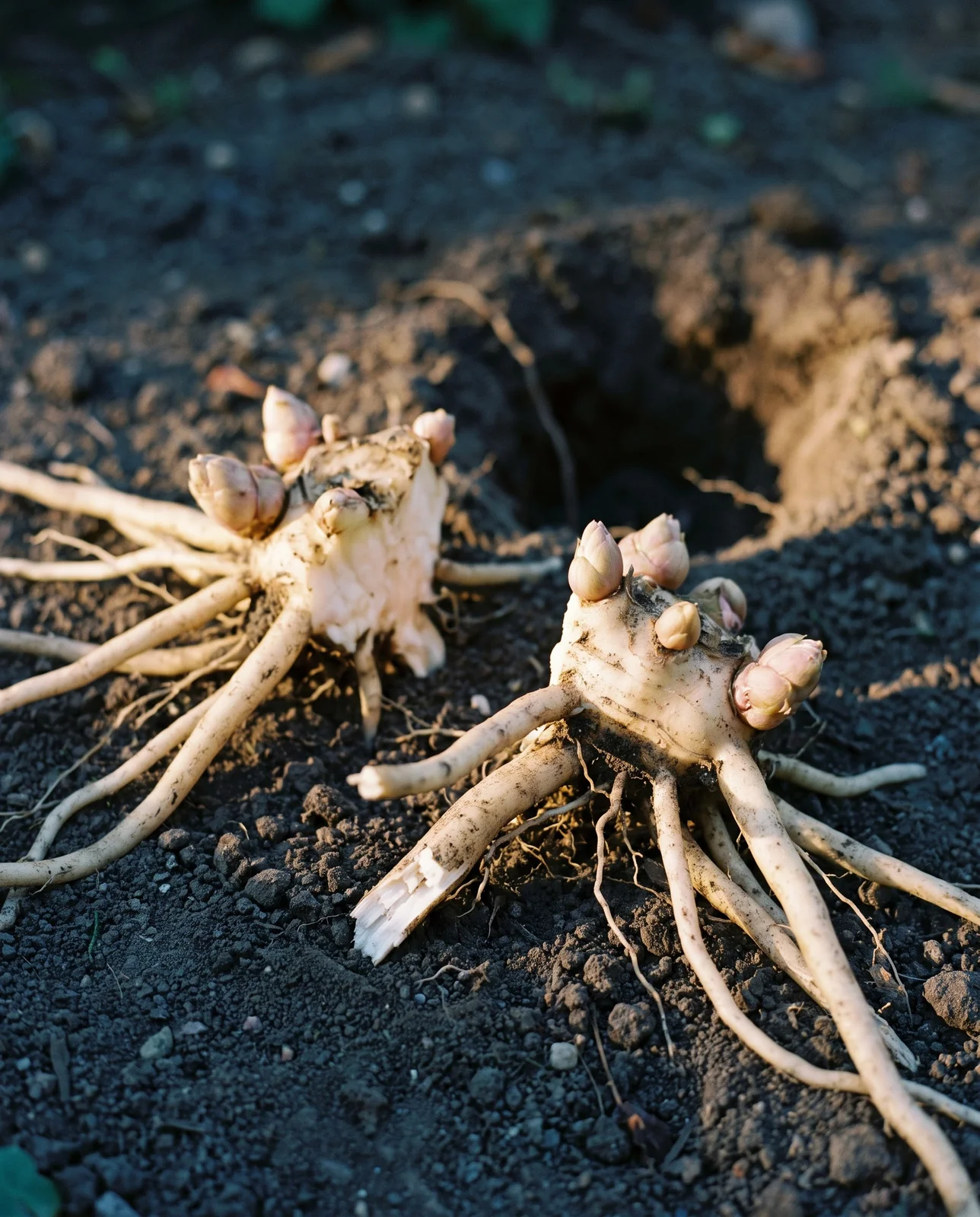 Two divided pieces of an old bleeding heart crown resting on soil in a Duluth, Minnesota garden, each carrying its own root and buds