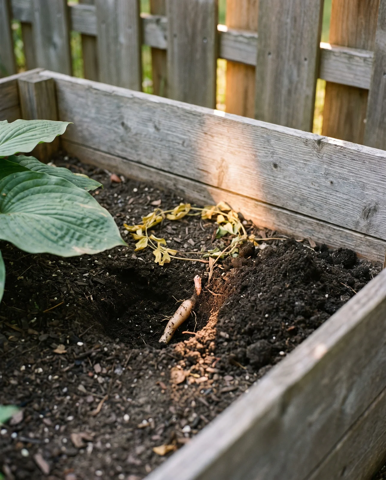 A small dig beside a dormant bleeding heart crown in a Columbus, Ohio raised bed, showing the firm root that means the plant is only resting