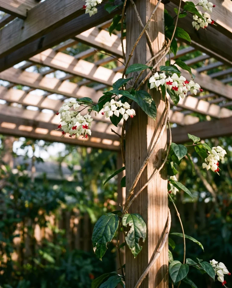 The tell for bleeding heart vine: twining stems climbing a pergola, white flowers with a dark red corolla, in a Sarasota garden