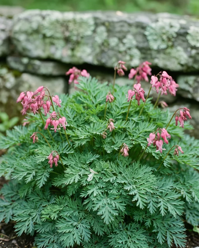 The tell for fringed bleeding heart: a low ferny mound with flowers held just above the leaves, against a Vermont stone wall