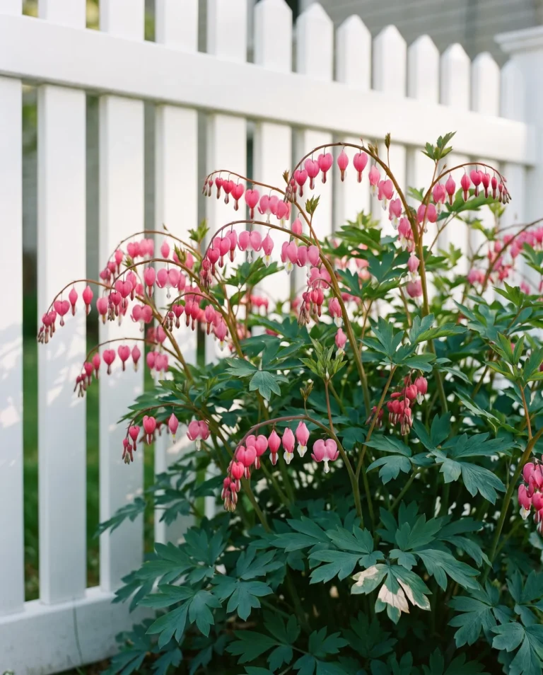 The tell for old-fashioned bleeding heart: flower stems bowed into a single arch under a hanging row of hearts, against a Hartford picket fence