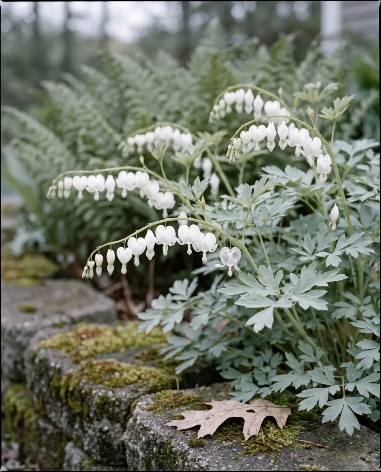 'Alba', the white bleeding heart, on a stone-edged bed in New Hampshire