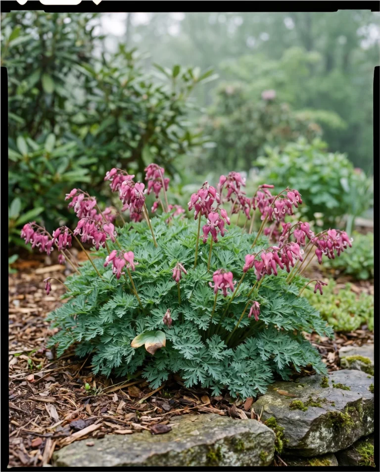 Fringed bleeding heart, Dicentra eximia, native to the Appalachian mountains, ferny foliage and rose-pink flowers in an Asheville garden