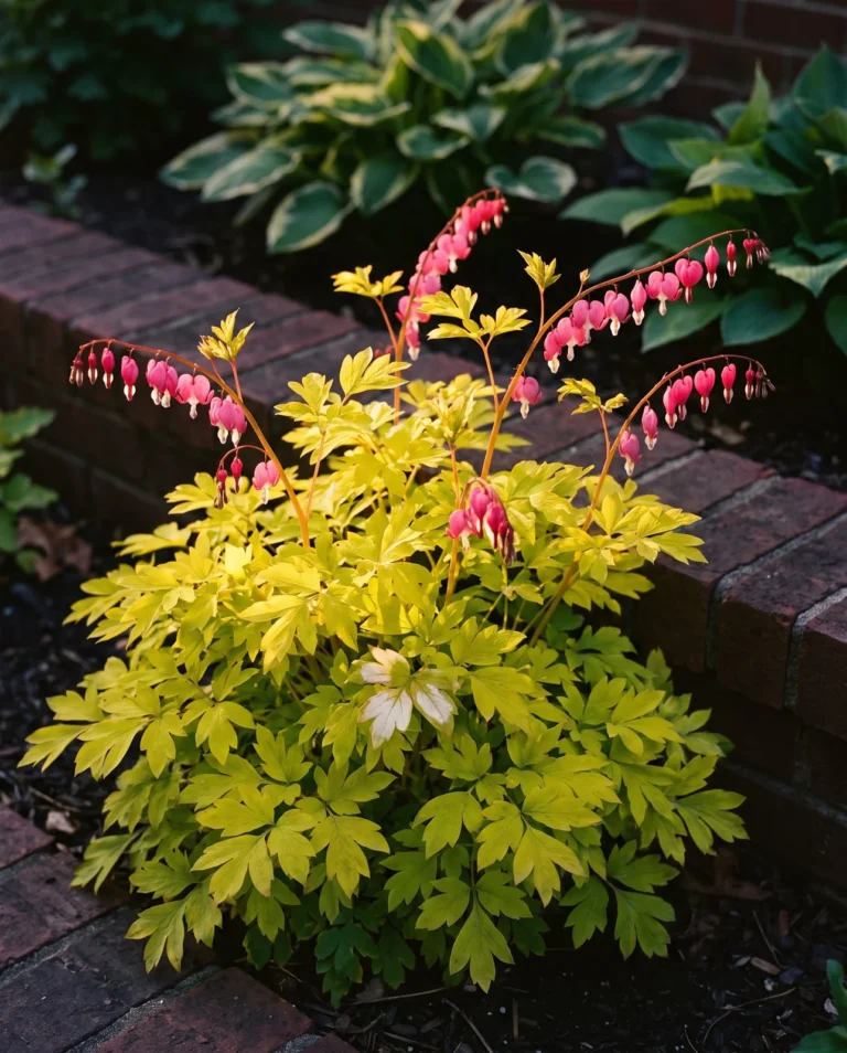 'Gold Heart', its chartreuse-gold foliage carrying rose-pink flowers, in an Ohio brick-edged bed