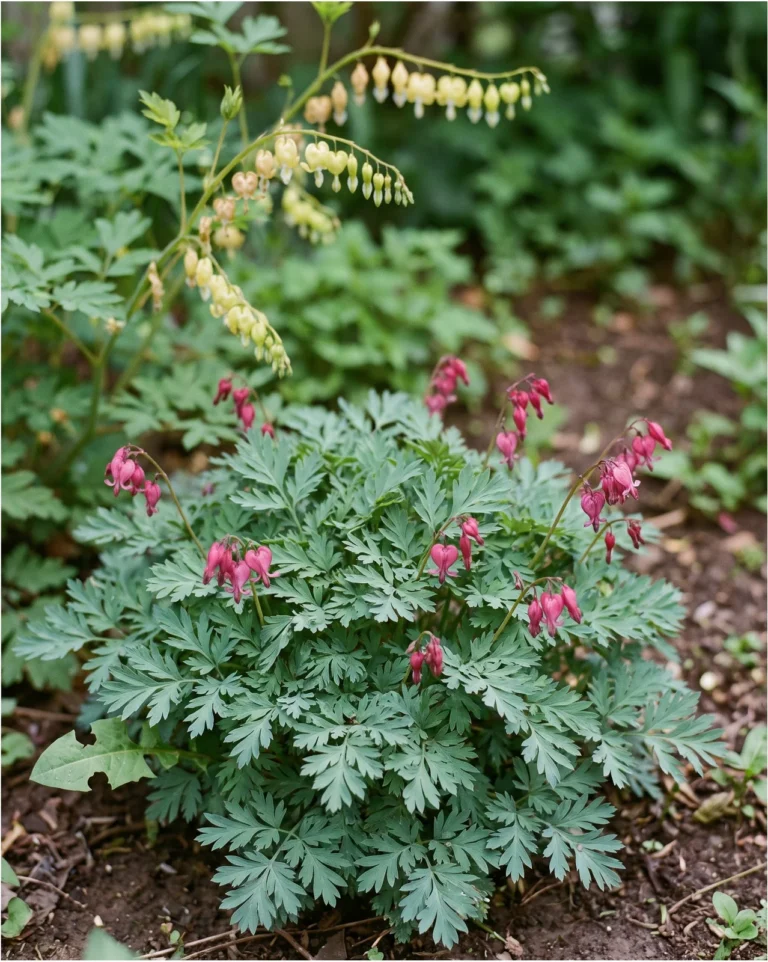 'Luxuriant', a fern-leaved hybrid, deep pink flowers over bluish green finely cut leaves in a Michigan garden