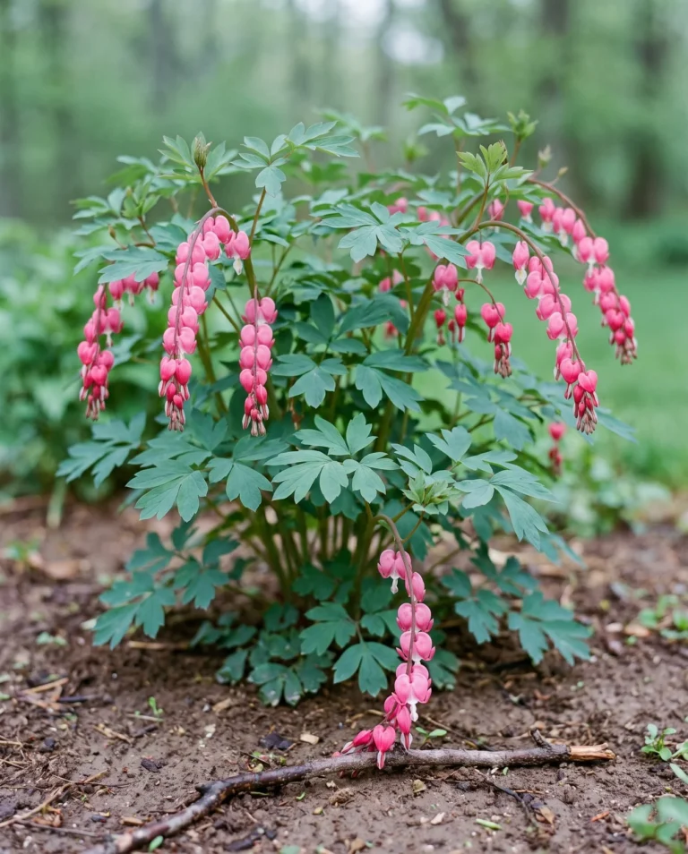 Old-fashioned bleeding heart, the species, arching sprays of pink hearts over deeply cut compound leaves