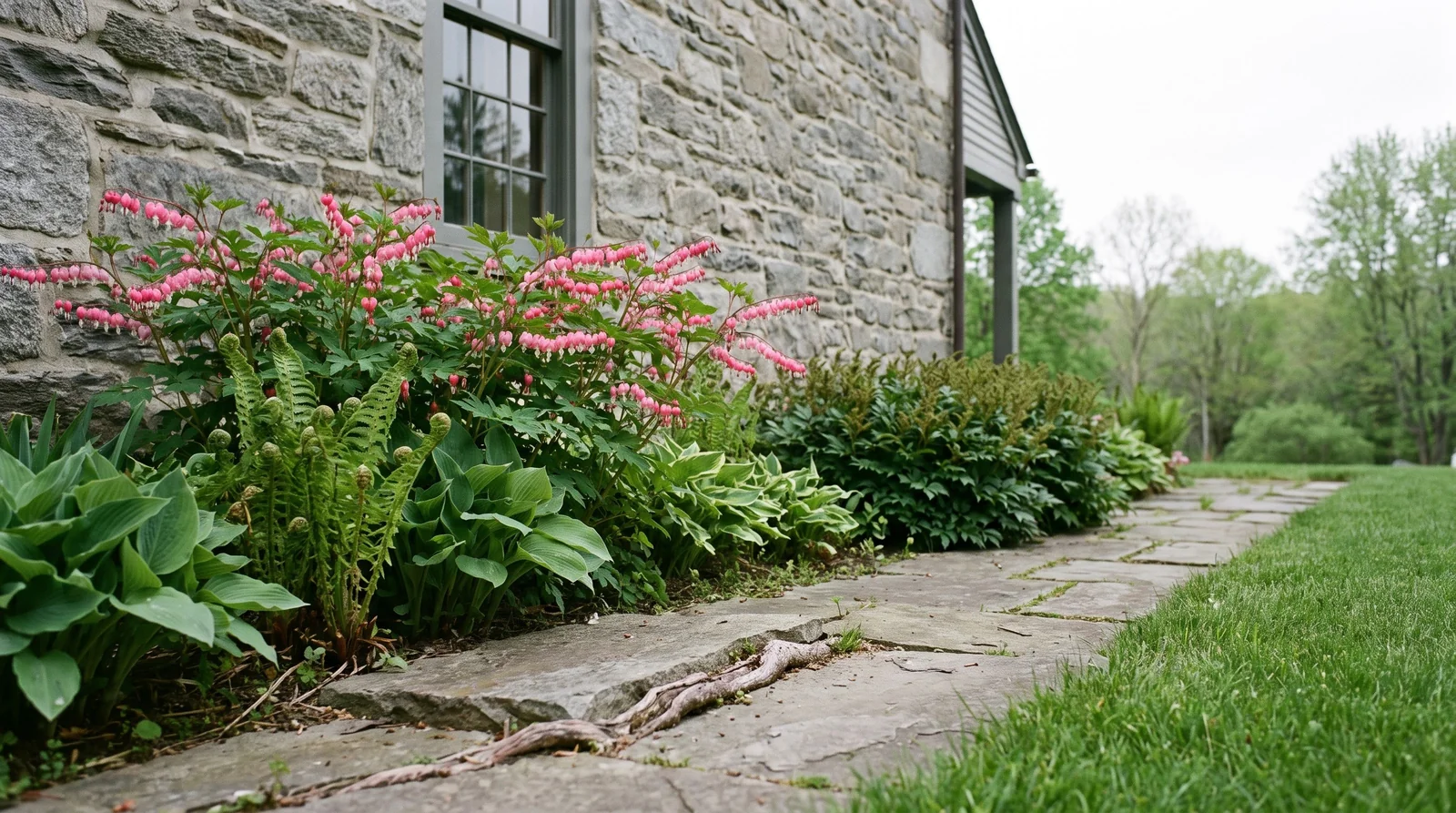 A wide view of a north-wall foundation planting in Connecticut, bleeding heart flowering above hostas and ferns that will fill the gap it leaves