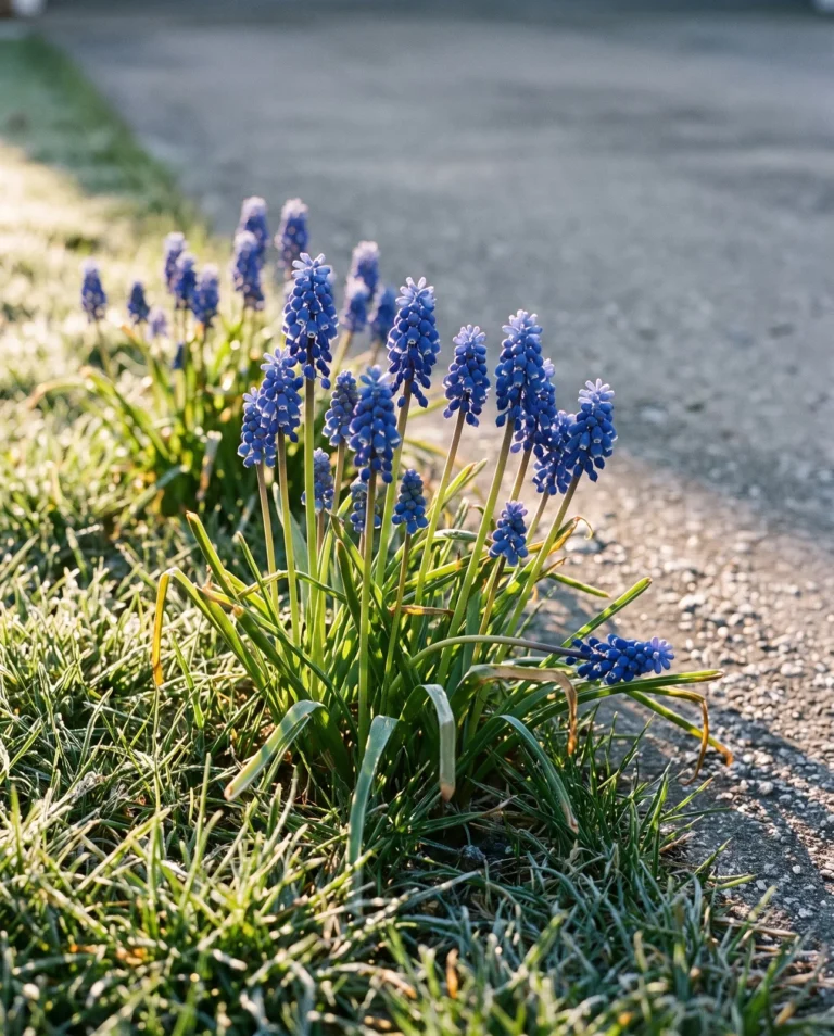 Grape hyacinth in mown grass at a driveway edge, short stalks carrying dense cobalt spikes of packed thimble-sized flowers