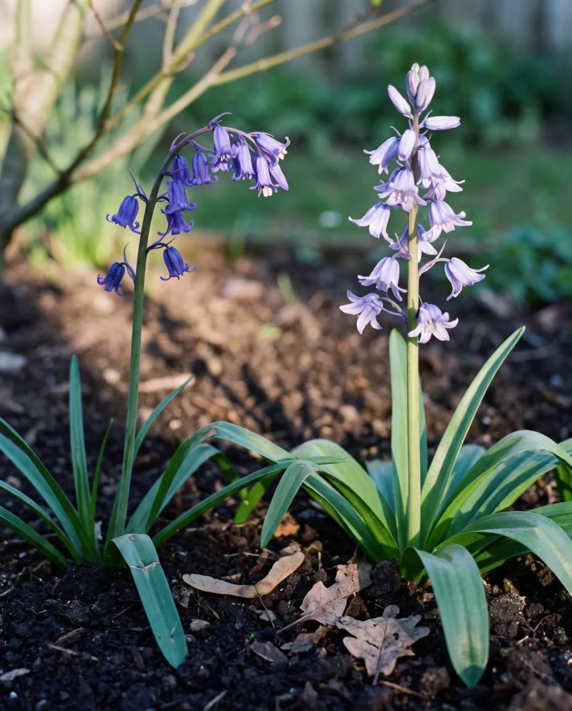 Two bluebell clumps a foot apart in one Oregon bed, the English arching with bells down one side and the Spanish standing upright with bells all round