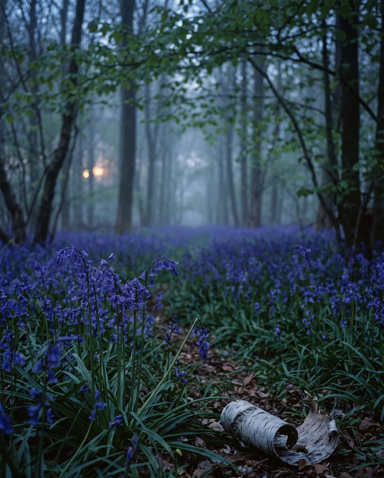A Devon bluebell wood twenty minutes after sunset, the violet floor going indigo between coppiced beech stools with mist in the hollow beyond