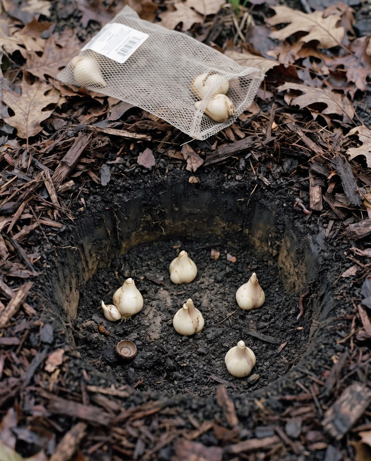 Five bought dormant bulbs sitting noses up on the floor of an open planting pocket, the cut soil face showing the depth
